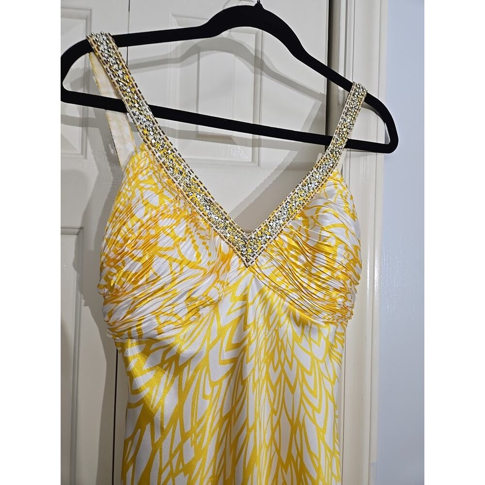 Morgan & Co. Strapless Yellow and White Beaded Evening Dress